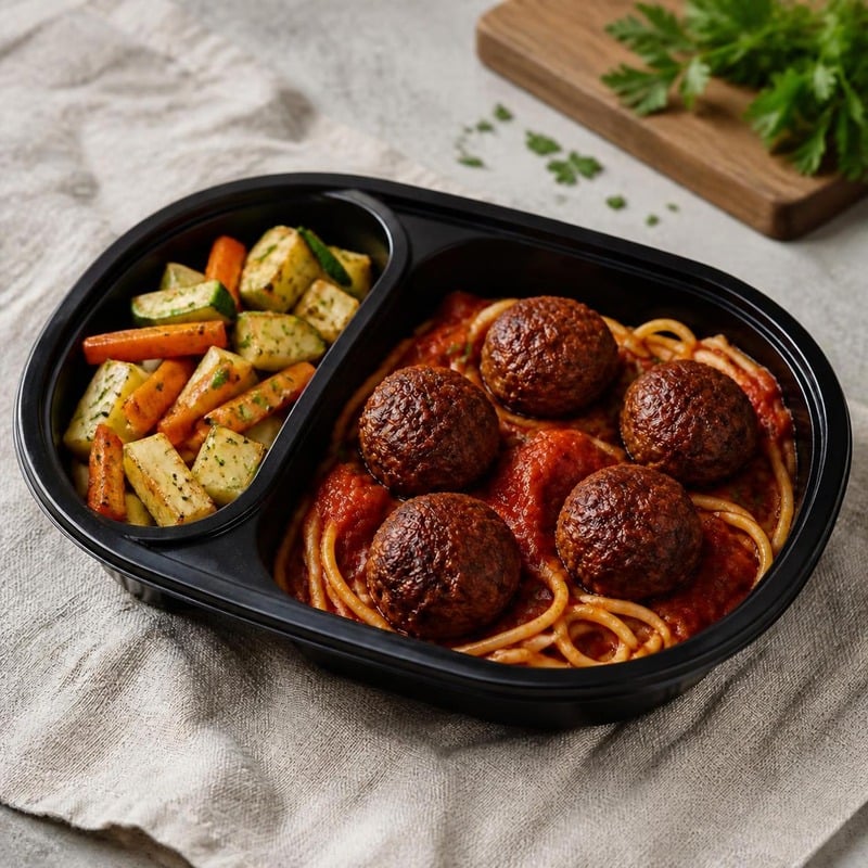 Almond Meatball in a black two-compartment meal-prep box: beef meatballs in tomato sauce over spaghetti, with carrots, zucchini and potatoes (illustrative image)