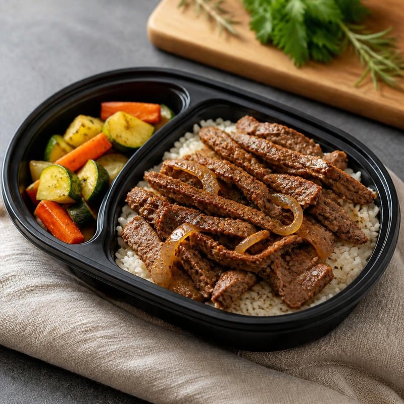 Beef Shawarma in a black two-compartment meal-prep box: spiced beef and onions on basmati rice, with carrots, zucchini and potatoes (illustrative image)