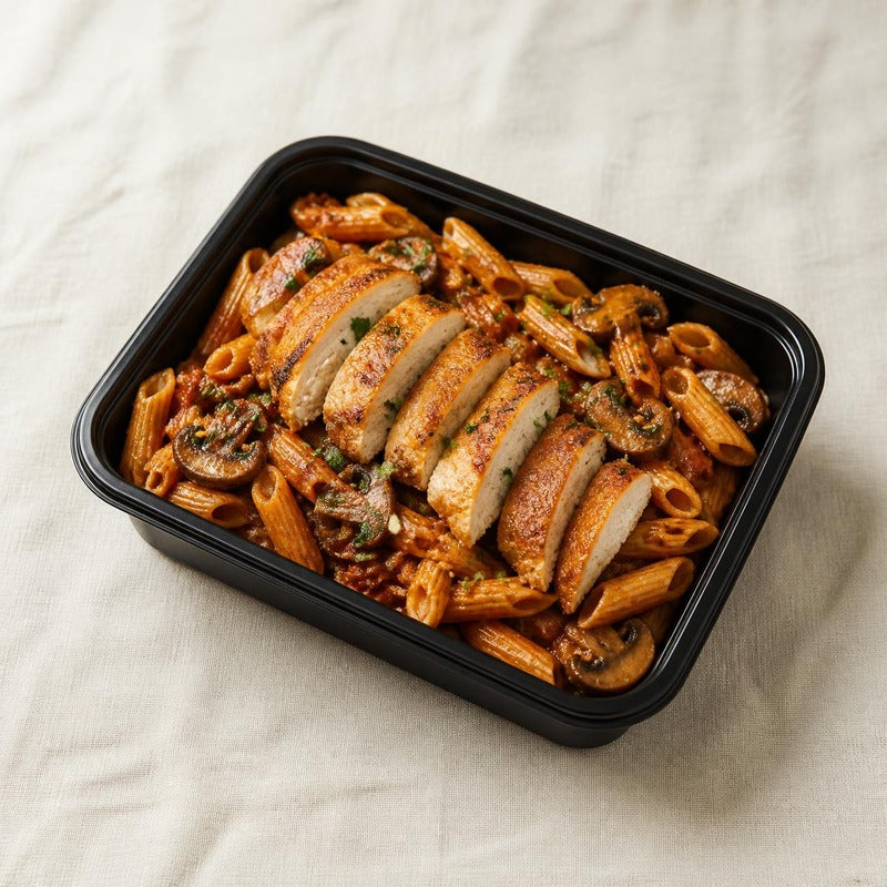 Chicken Pasta in a black meal-prep box: seared chicken over whole-wheat penne in tomato-mushroom sauce (illustrative image)
