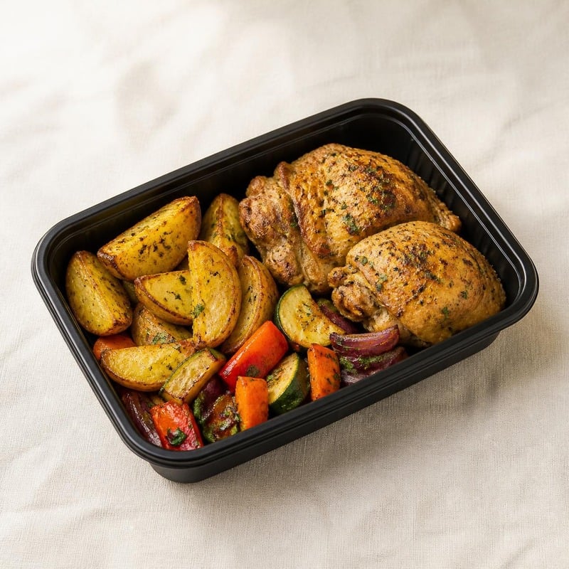 Chicken & Potatoes in a black meal-prep box: roast chicken, potato wedges and roast vegetables (illustrative image)