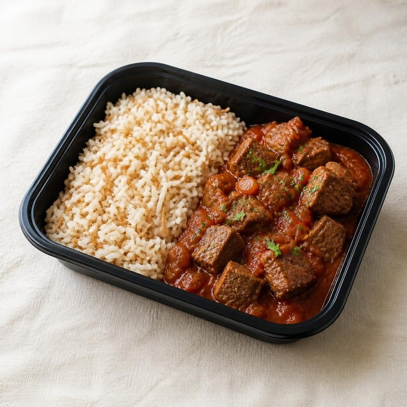 Lean Beef & Rice in a black meal-prep box: braised lean beef in tomato-onion sauce with vermicelli rice (illustrative image)