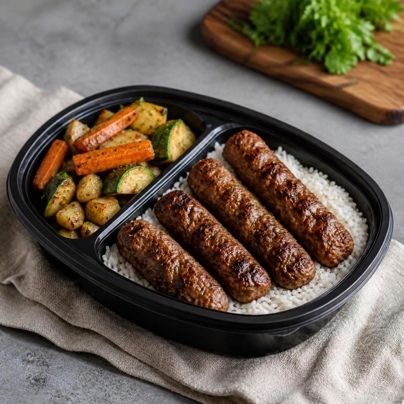 Oriental Kofta in a black two-compartment meal-prep box: grilled beef kofta on basmati rice, with carrots, zucchini and potatoes (illustrative image)
